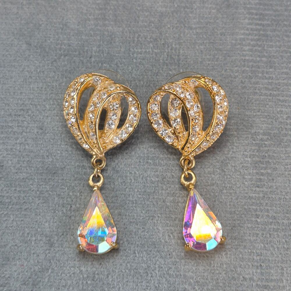 Vintage Signed ROMAN Gold Tone Pierced Dangle Earrings Rhinestone & AB Crystal